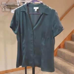 Green silk short sleeve button front shirt